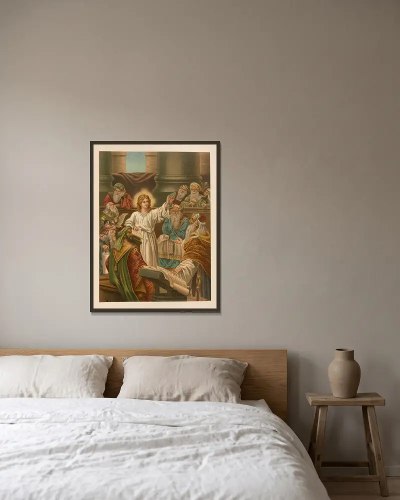 Jesus lehrt im Tempel von Jan Ladislaw Sýkora gerahmt an einer Wand