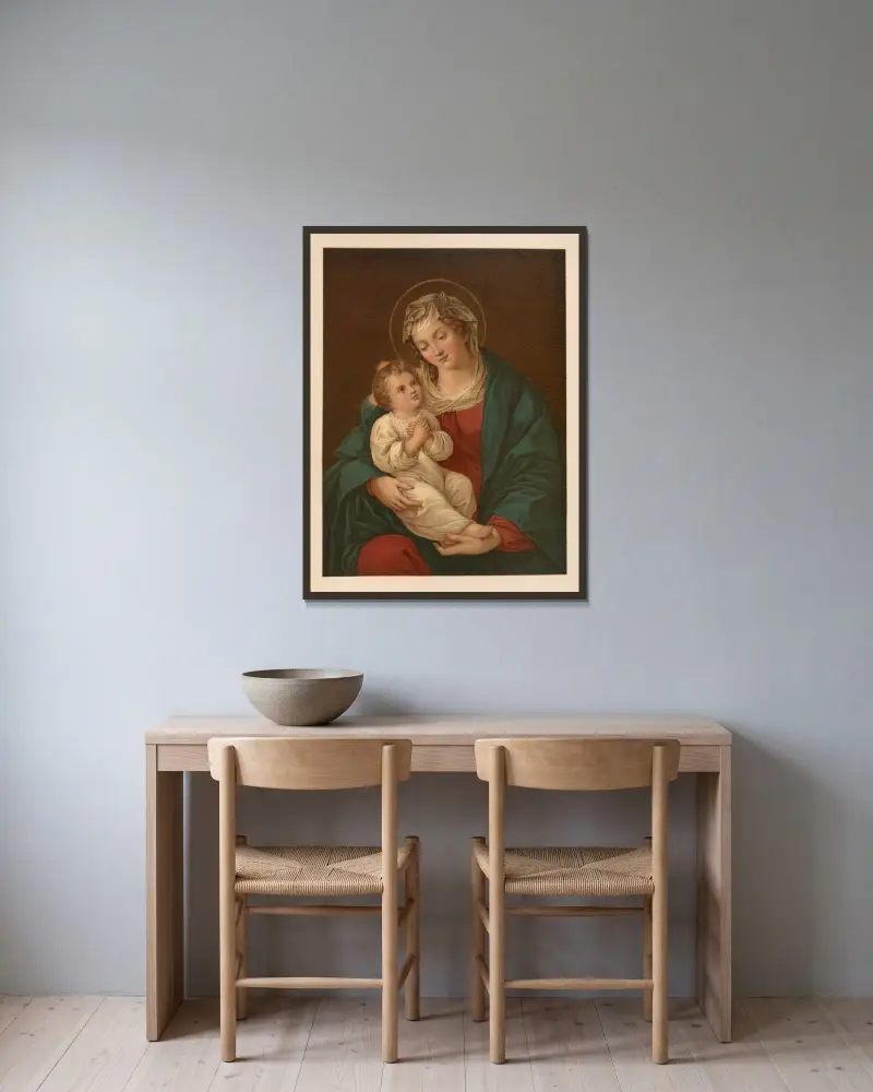 Maria mit dem Kinde Jesus von Jan Ladislaw Sýkora gerahmt an einer Wand