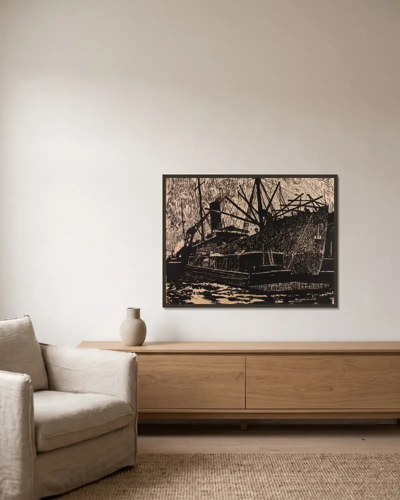 Liner and Tug av Henry Lyman Saÿen inramad på en vägg