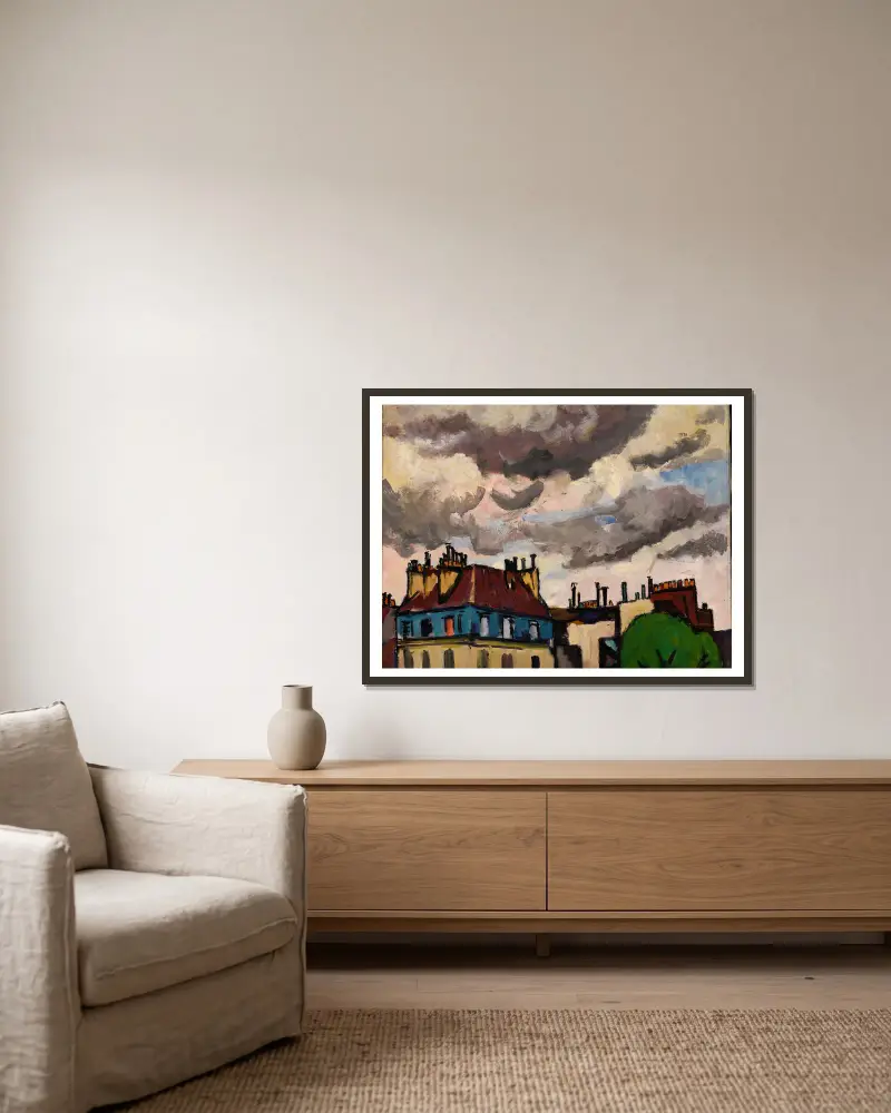 Rooftops and Clouds, Paris av Henry Lyman Saÿen inramad på en vägg