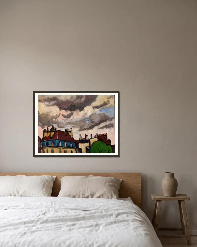 Rooftops and Clouds, Paris av Henry Lyman Saÿen inramad på en vägg