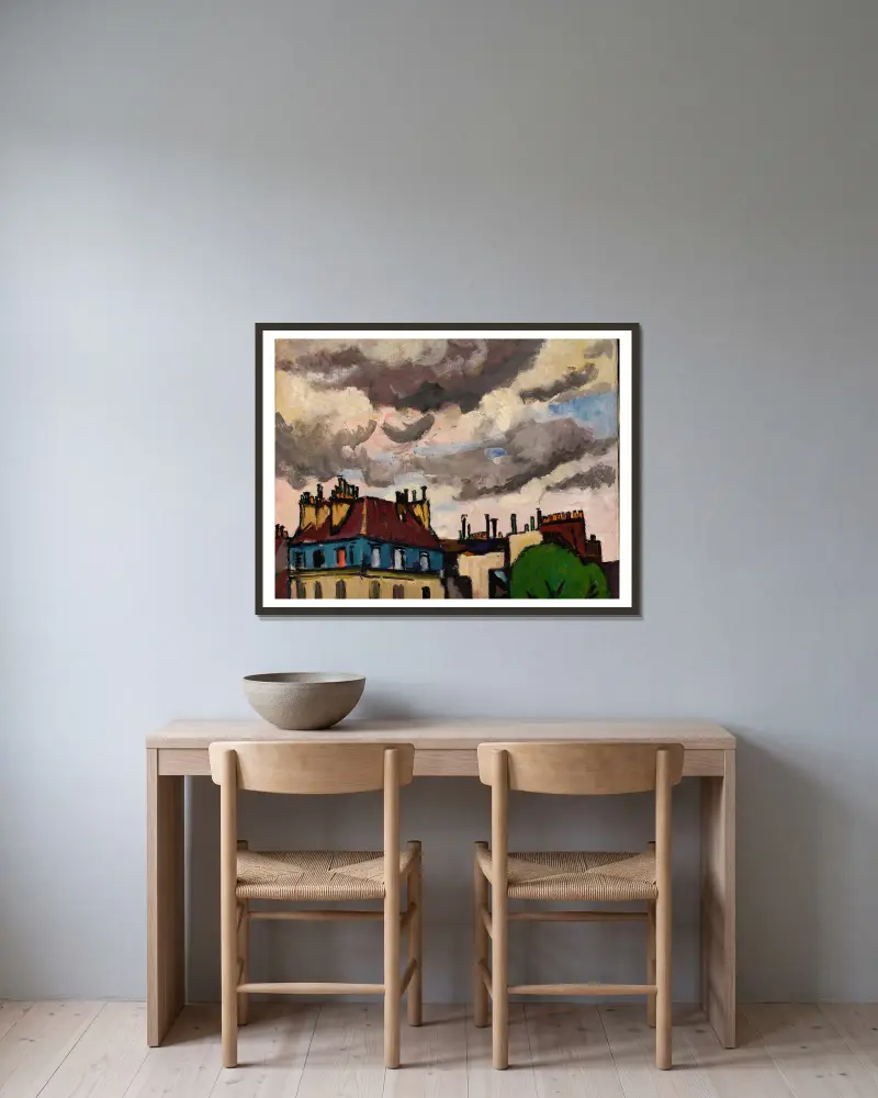 Rooftops and Clouds, Paris av Henry Lyman Saÿen inramad på en vägg