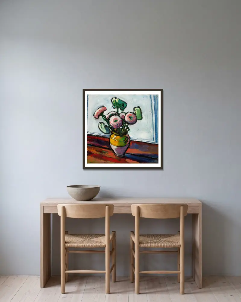 Zinnias av Henry Lyman Saÿen inramad på en vägg