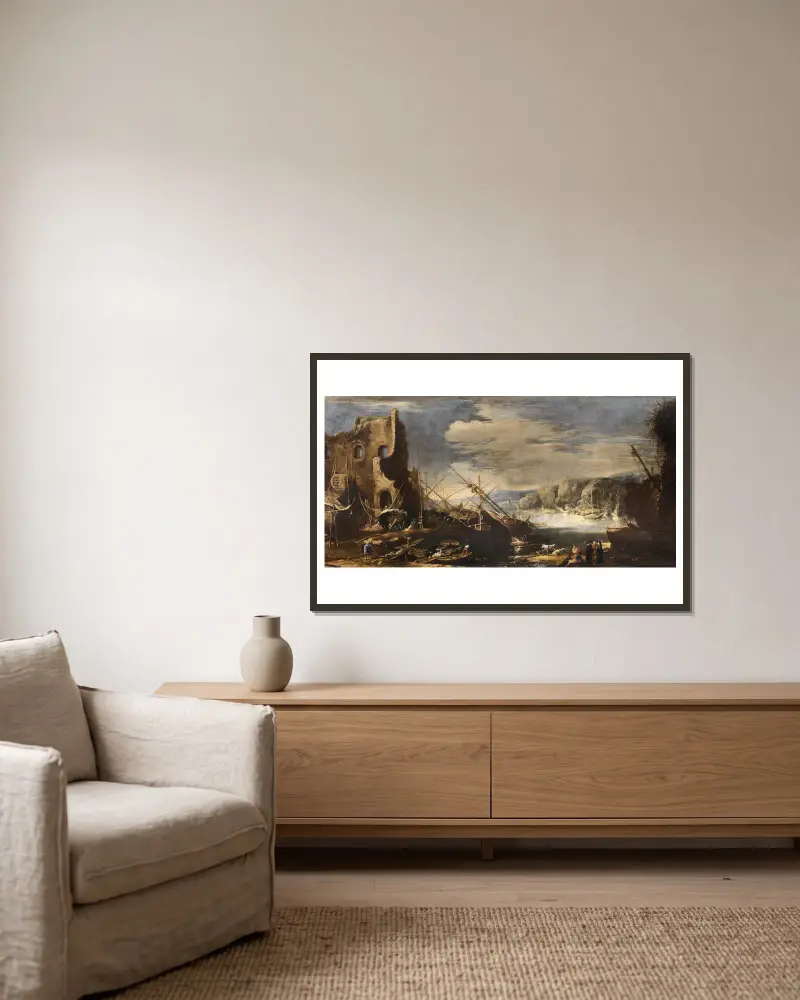 Kustlandskap med skeppsbrott och ruiner av Salvator Rosa inramad på en vägg