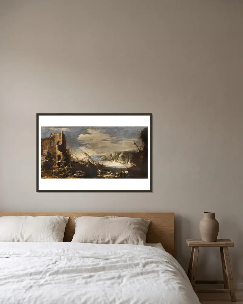 Kustlandskap med skeppsbrott och ruiner av Salvator Rosa inramad på en vägg