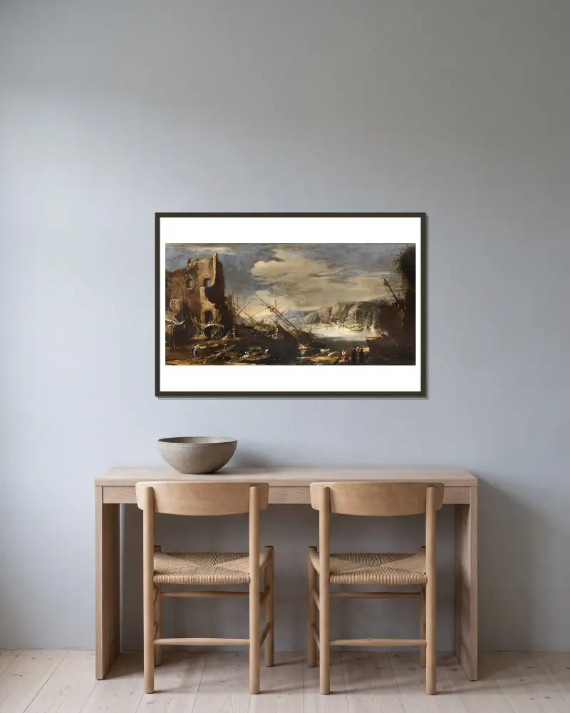 Kustlandskap med skeppsbrott och ruiner av Salvator Rosa inramad på en vägg