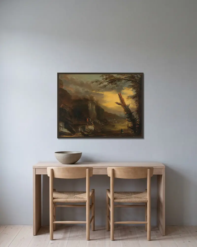 Fiskare i ett klippigt kustlandskap av Salvator Rosa inramad på en vägg