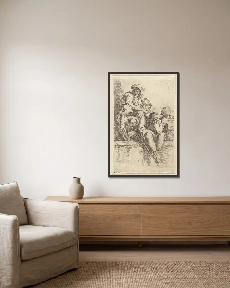 Fünf Soldaten von Salvator Rosa gerahmt an einer Wand