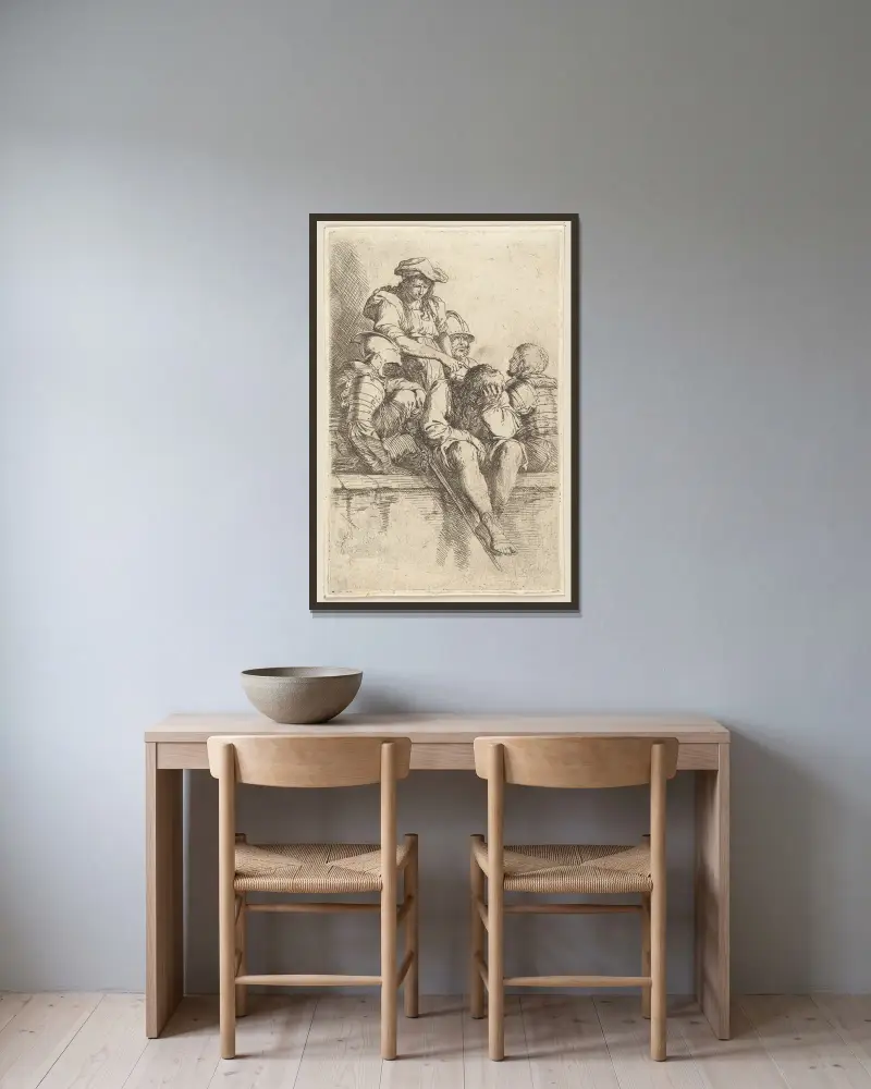 Fünf Soldaten von Salvator Rosa gerahmt an einer Wand