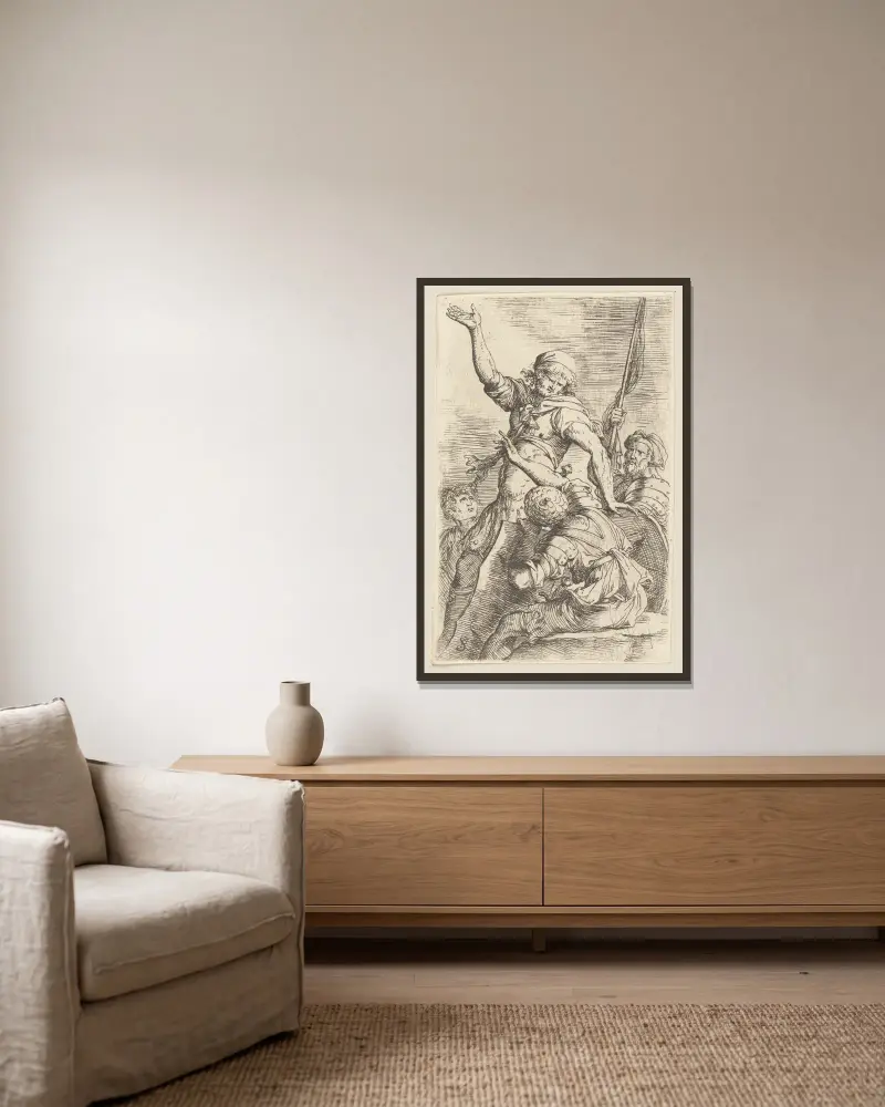 Vier Soldaten, einer mit einer Flagge von Salvator Rosa gerahmt an einer Wand