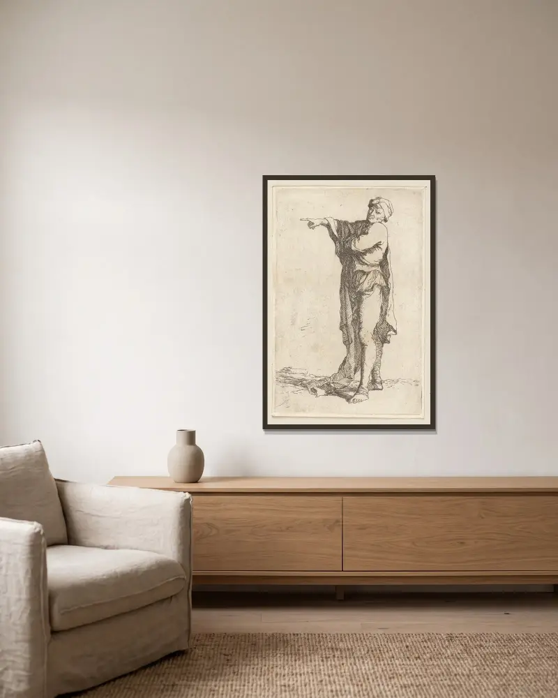 Stehender Mann, den Arm horizontal ausstreckend von Salvator Rosa gerahmt an einer Wand