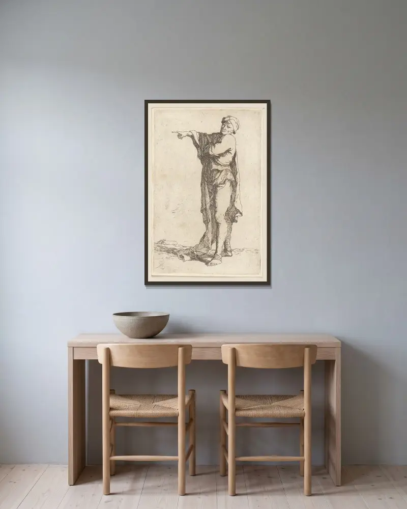 Stehender Mann, den Arm horizontal ausstreckend von Salvator Rosa gerahmt an einer Wand