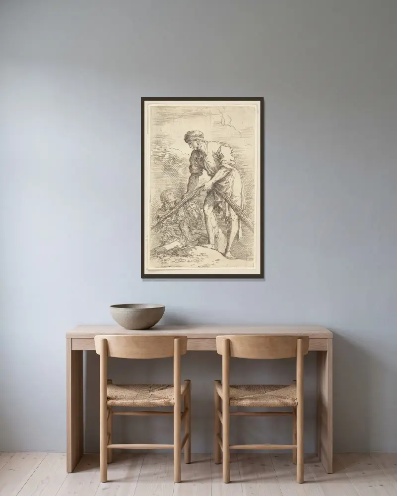Man med fisknät och två andra figurer av Salvator Rosa inramad på en vägg