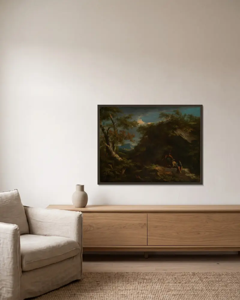 Bergigt skogslandskap med vilande krigare av Salvator Rosa inramad på en vägg