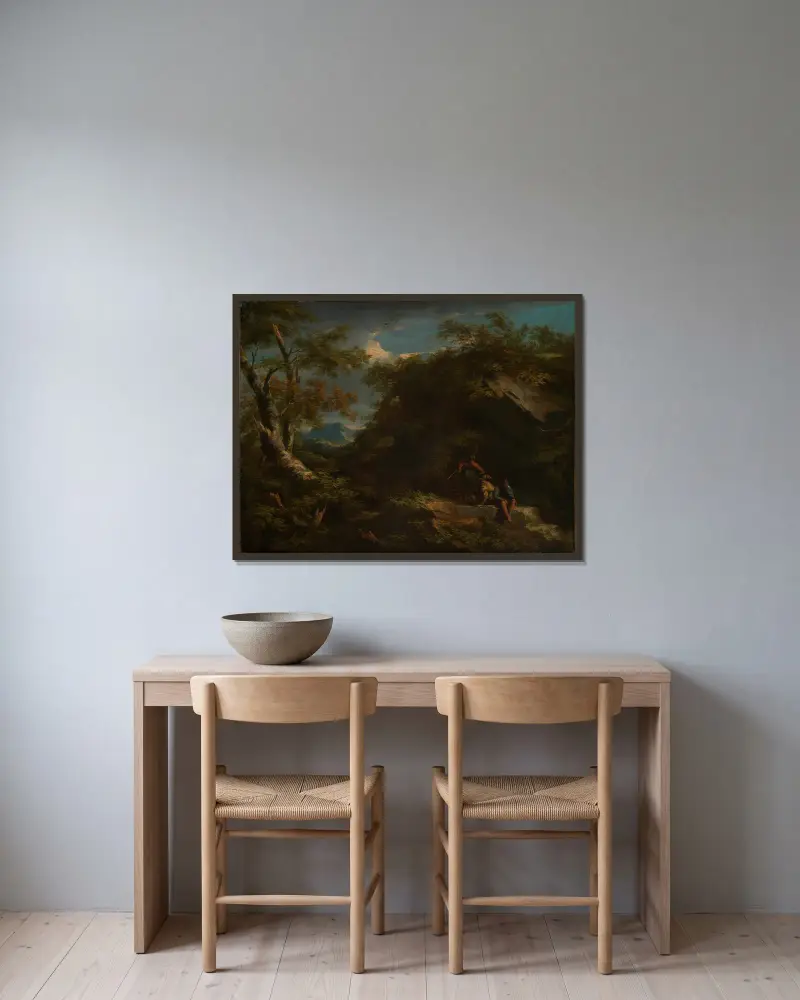 Bergigt skogslandskap med vilande krigare av Salvator Rosa inramad på en vägg