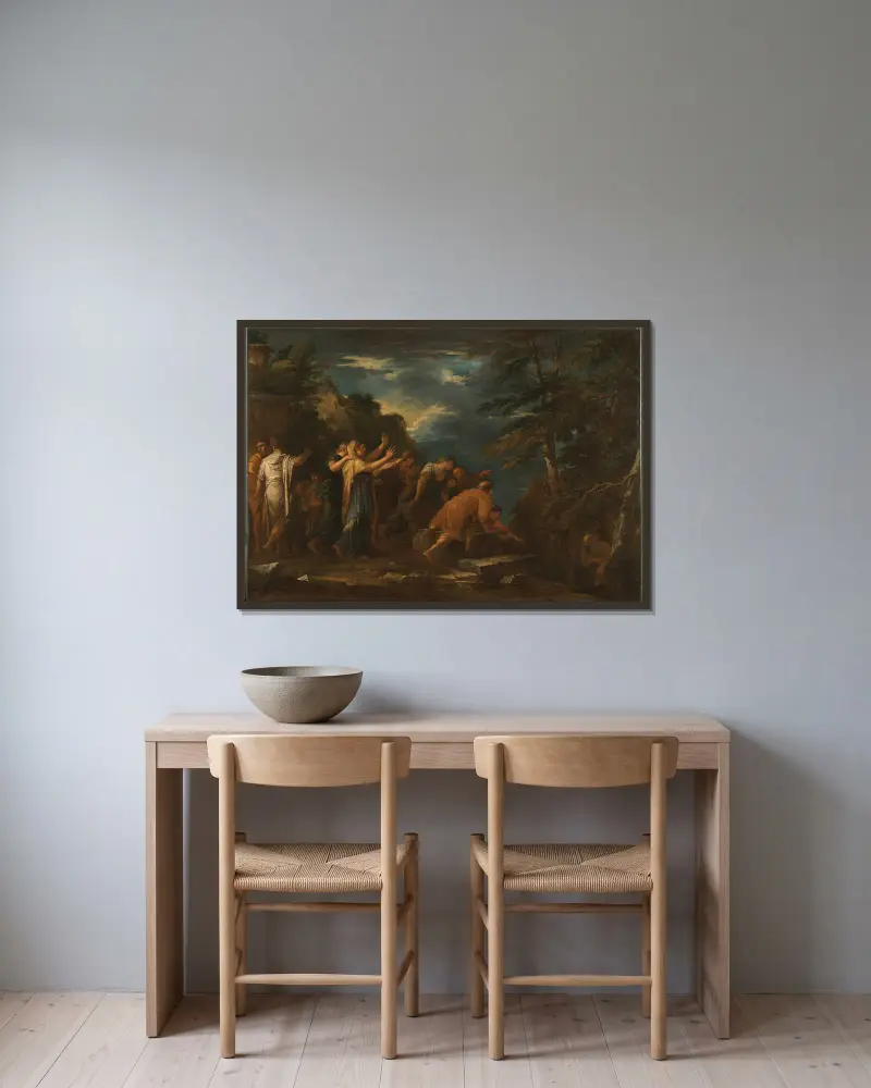 Pythagoras steigt aus der Unterwelt empor von Salvator Rosa gerahmt an einer Wand