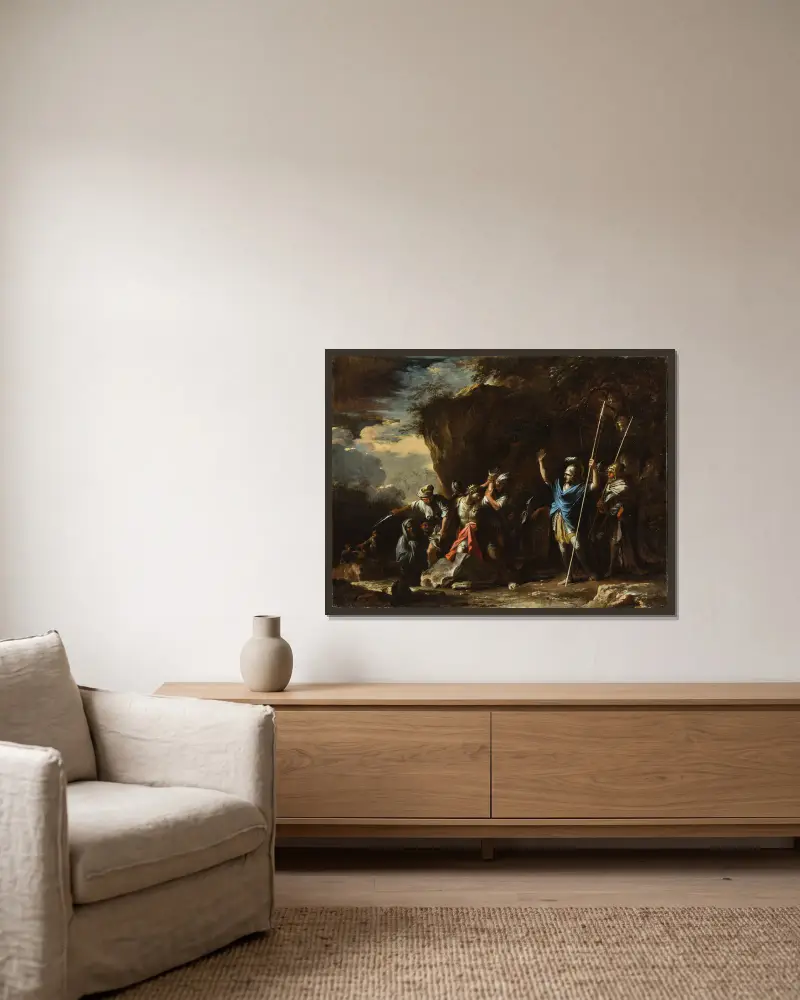 Scen ur grekisk historia: Kung Kroisos dövstumme son hindrar perserna från att döda sin far av Salvator Rosa inramad på en vägg