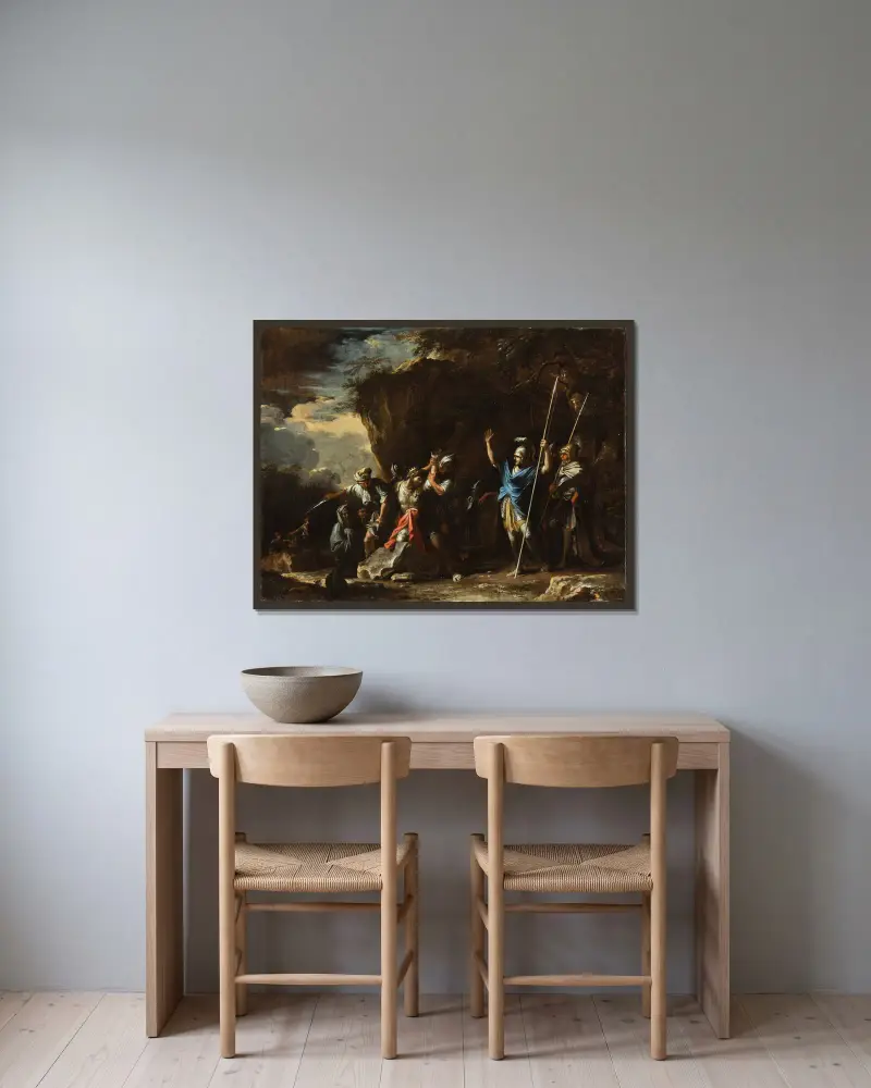 Scen ur grekisk historia: Kung Kroisos dövstumme son hindrar perserna från att döda sin far av Salvator Rosa inramad på en vägg