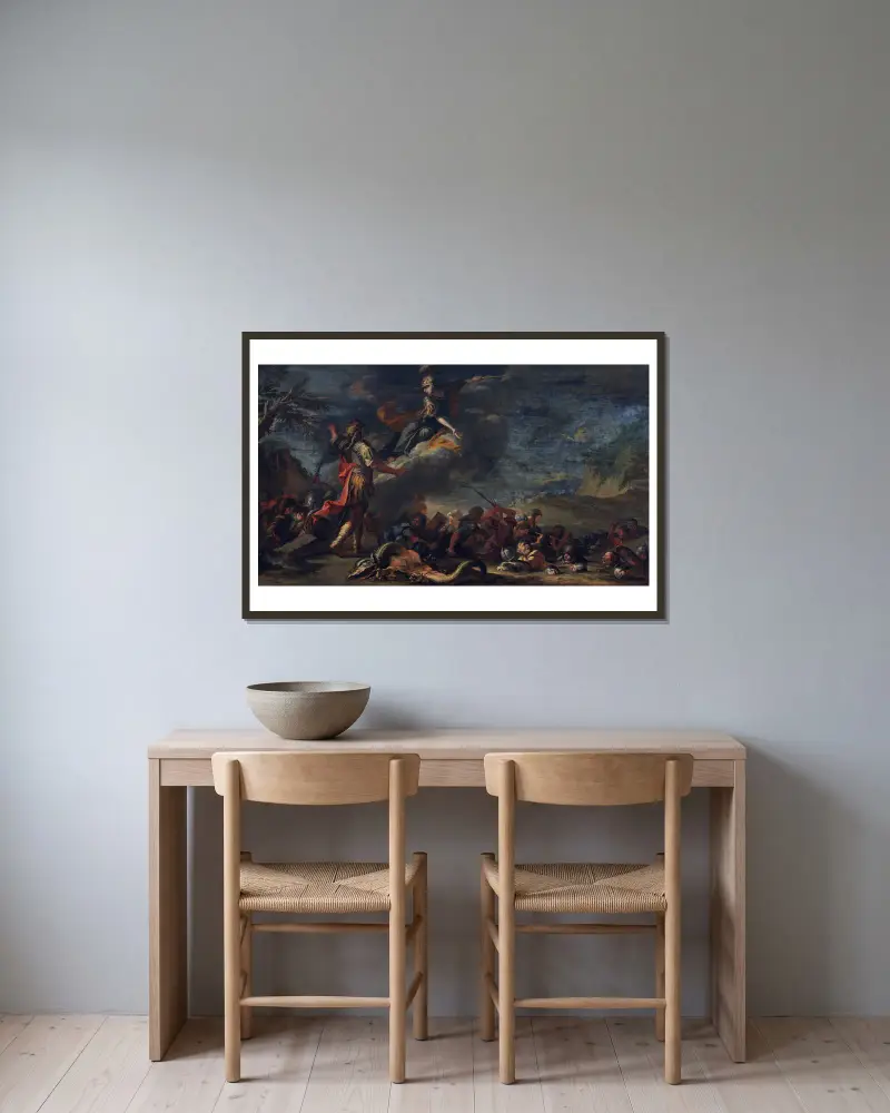 Thebes grundläggning av Salvator Rosa inramad på en vägg