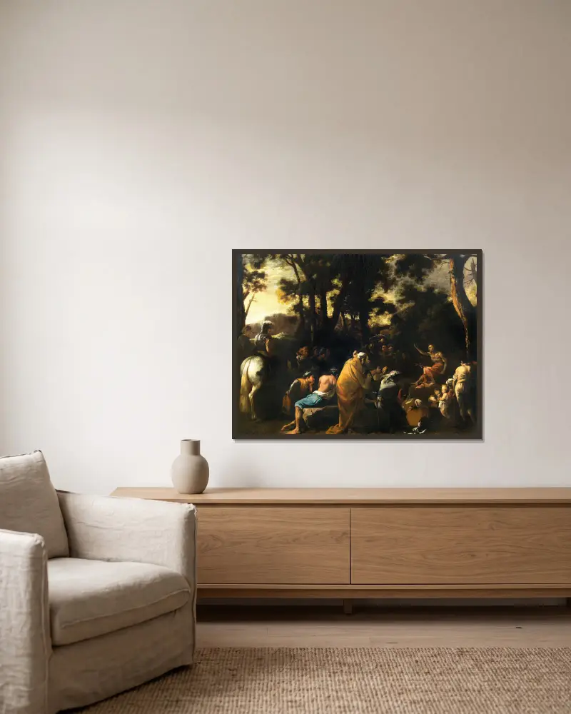 Johannes Döparens predikan av Salvator Rosa inramad på en vägg