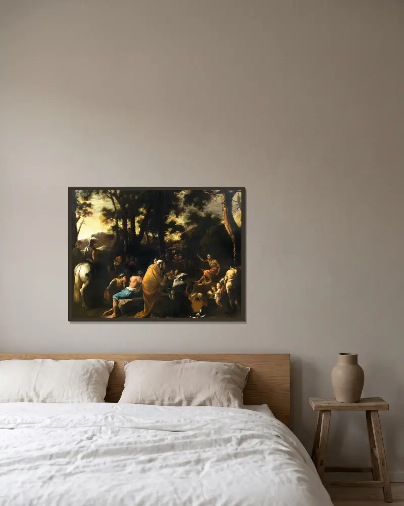 Johannes Döparens predikan av Salvator Rosa inramad på en vägg