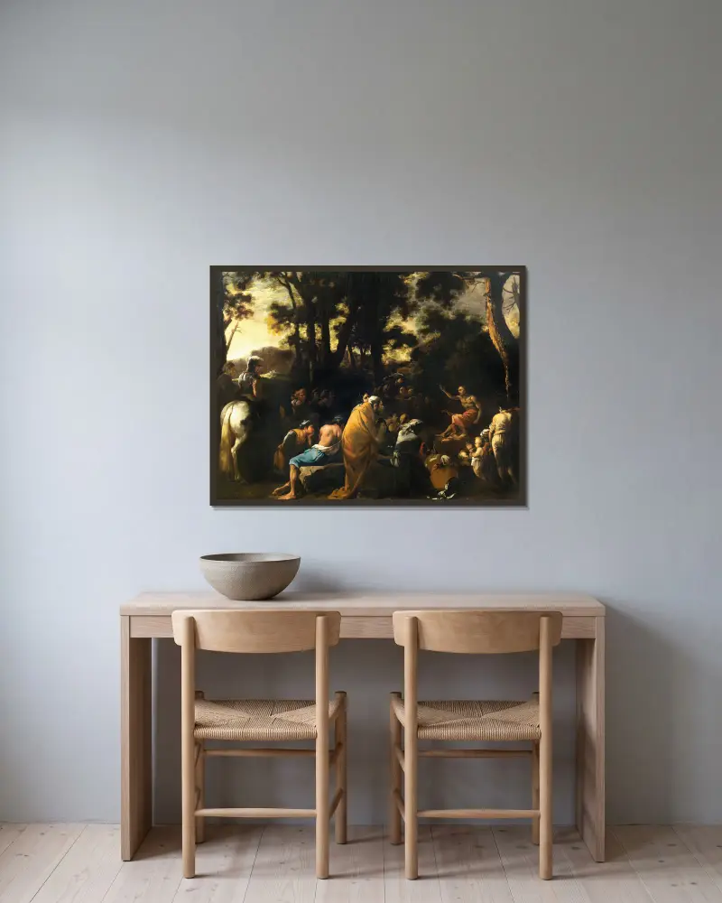 Johannes Döparens predikan av Salvator Rosa inramad på en vägg