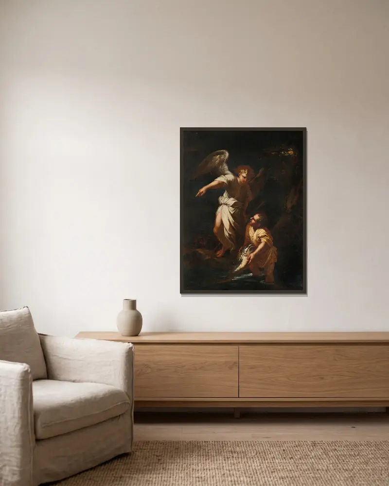 Tobias och ängeln av Salvator Rosa inramad på en vägg