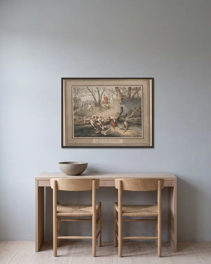 Ty lycklig är den som toppar den virvlande jakten av Samuel Howitt inramad på en vägg