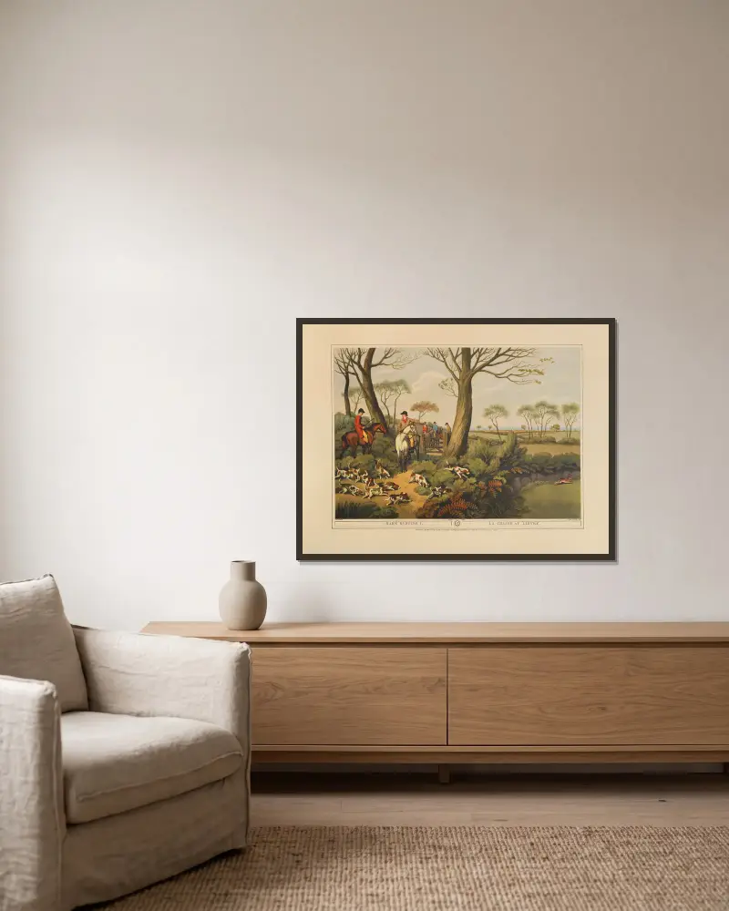 Hare Hunting, 1 av Samuel Howitt inramad på en vägg