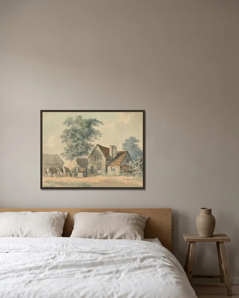 Pferde und Wagen vor einem Landhaus von Samuel Howitt gerahmt an einer Wand