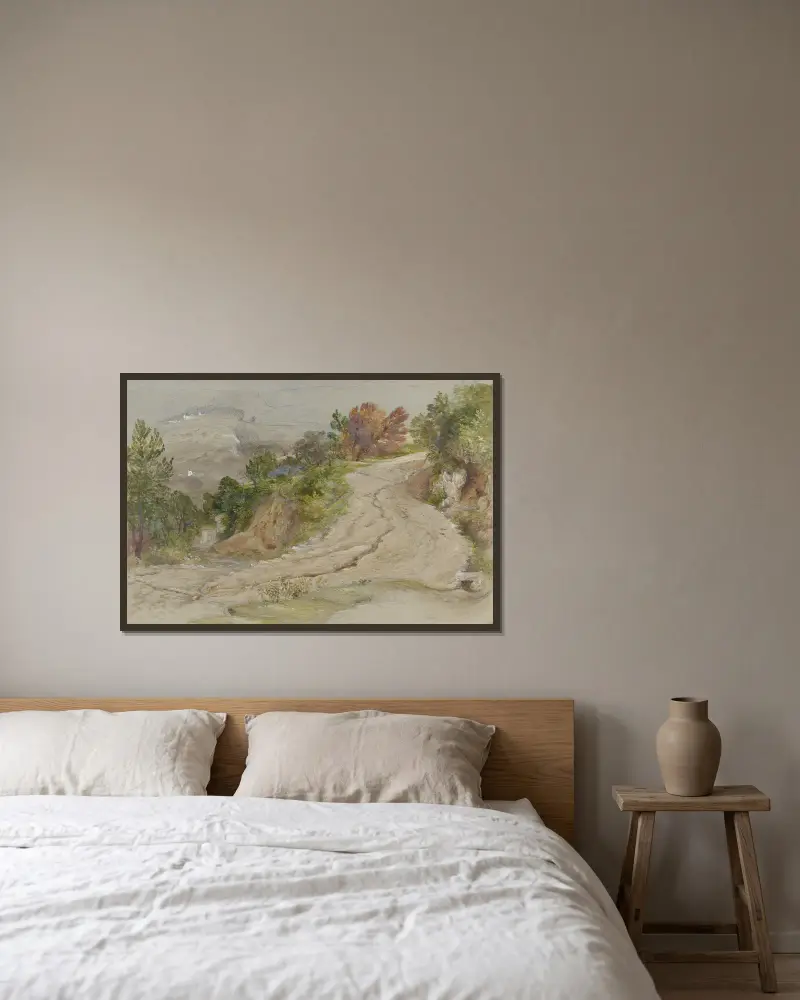 Väg i italienskt bergslandskap av Samuel Palmer inramad på en vägg