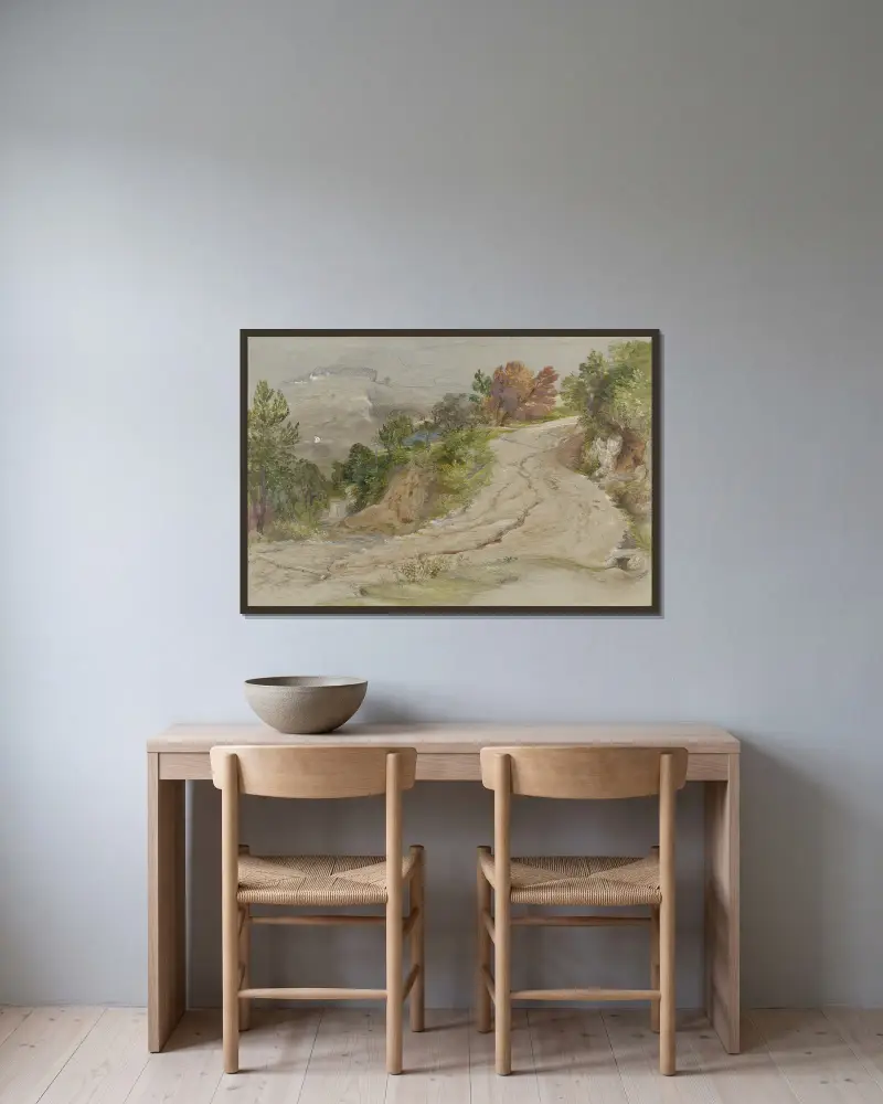 Väg i italienskt bergslandskap av Samuel Palmer inramad på en vägg
