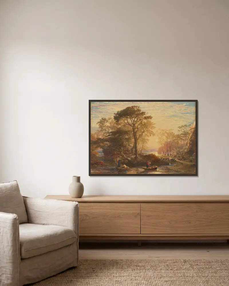 Sir Guyon med Palmer vid sin sida, frestad av Phaedria att landa på de förtrollade öarna av Samuel Palmer inramad på en vägg