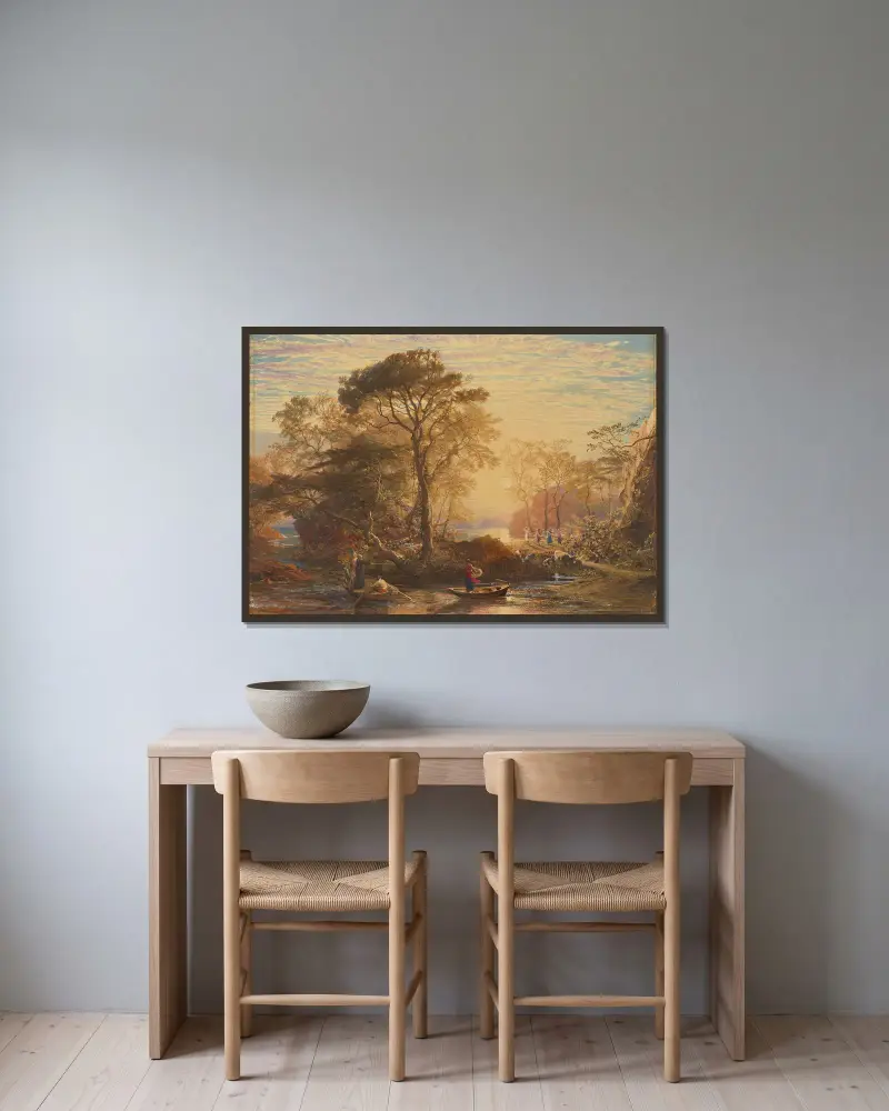 Sir Guyon med Palmer vid sin sida, frestad av Phaedria att landa på de förtrollade öarna av Samuel Palmer inramad på en vägg