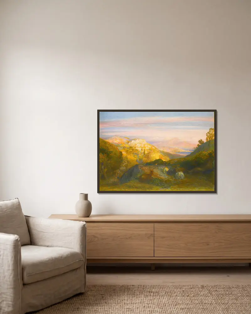 Det nära och det fjärran; från södra Italien av Samuel Palmer inramad på en vägg