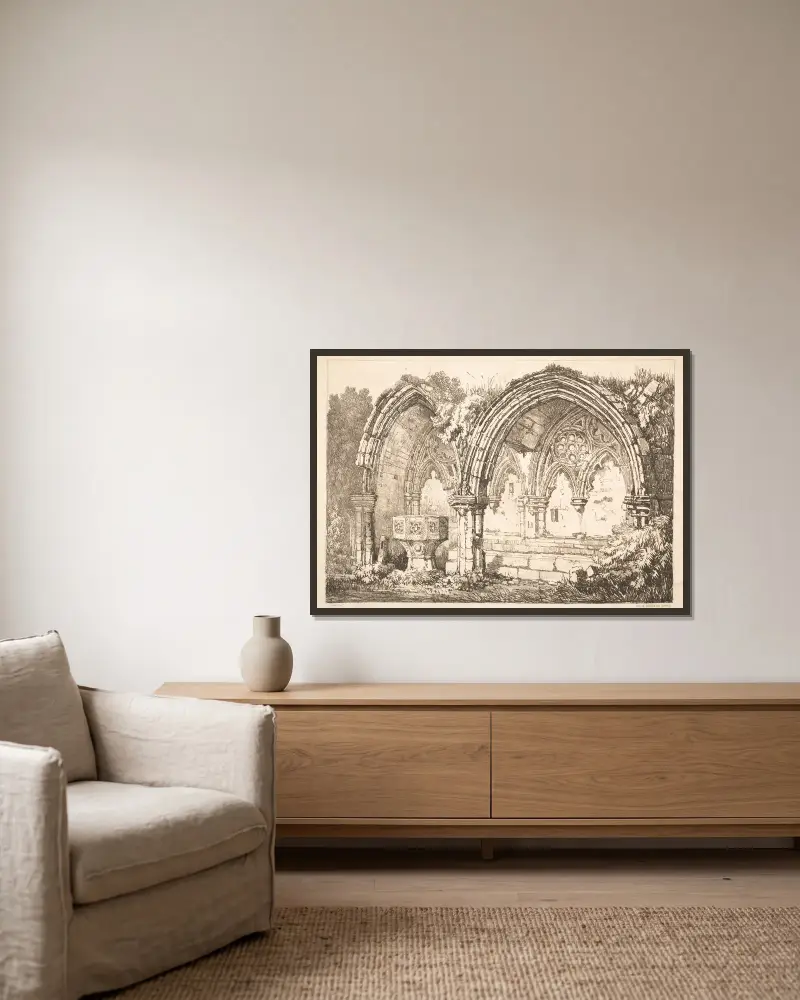Del av Kirkham Abbey av Samuel Prout inramad på en vägg