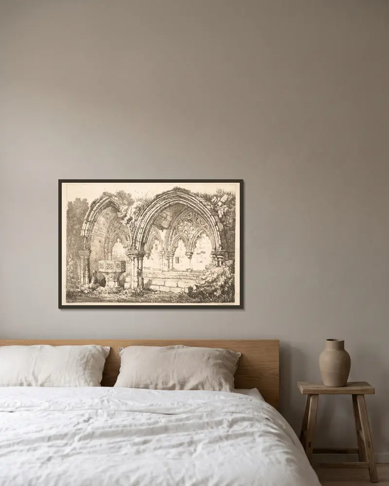 Del av Kirkham Abbey av Samuel Prout inramad på en vägg