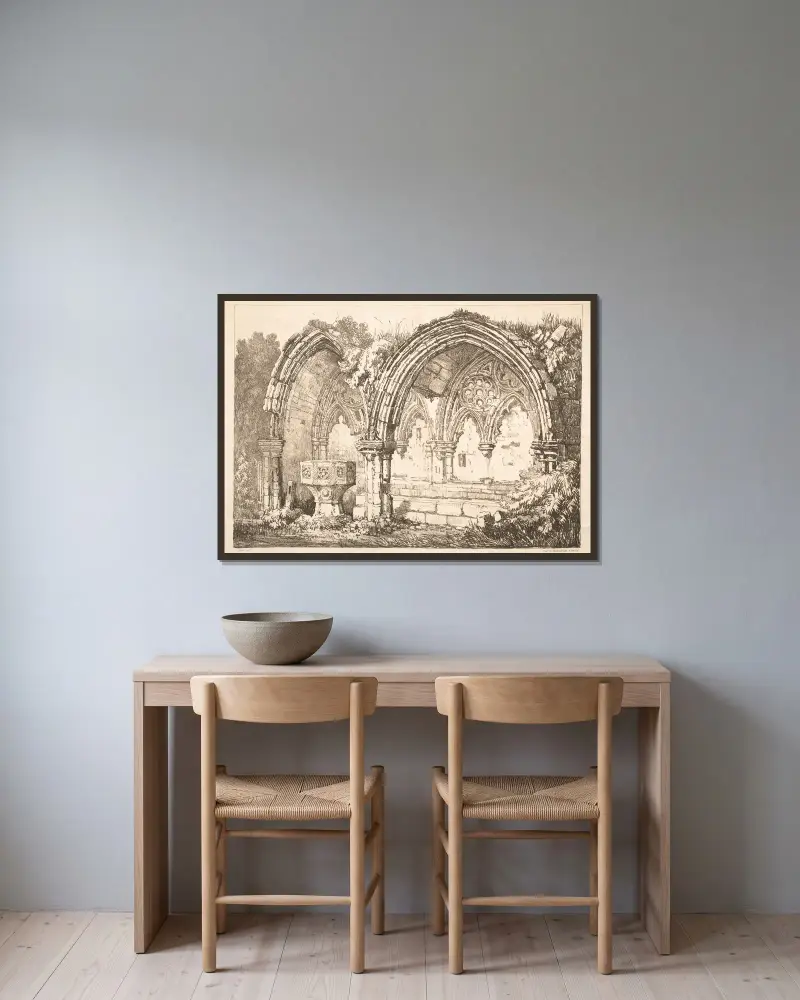 Del av Kirkham Abbey av Samuel Prout inramad på en vägg