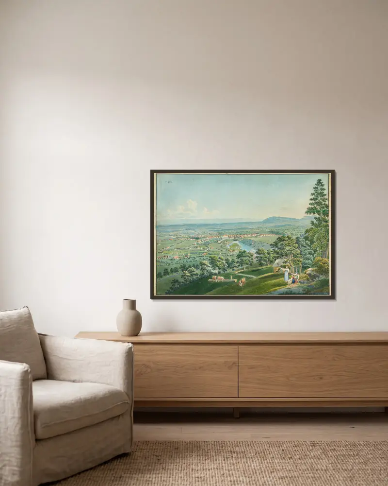 Ansicht Berns und der Aare vom Gurten aus – Nr. 1 von Jakob Samuel Weibel gerahmt an einer Wand