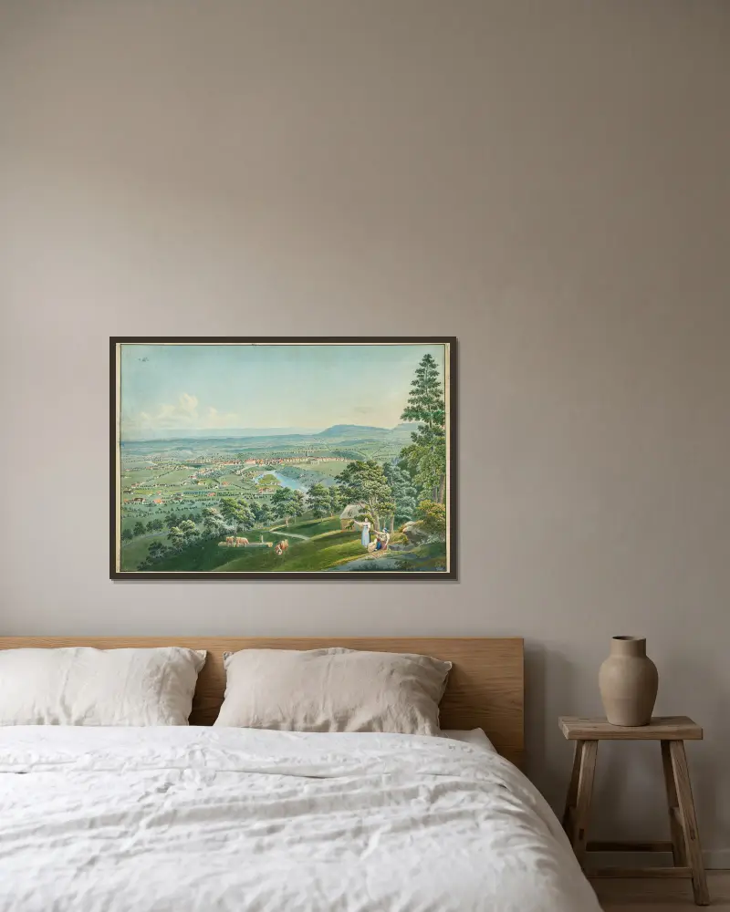 Ansicht Berns und der Aare vom Gurten aus – Nr. 1 von Jakob Samuel Weibel gerahmt an einer Wand