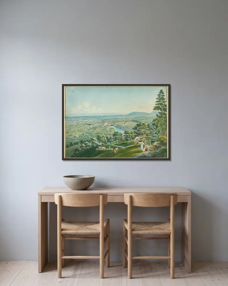 Ansicht Berns und der Aare vom Gurten aus – Nr. 1 von Jakob Samuel Weibel gerahmt an einer Wand