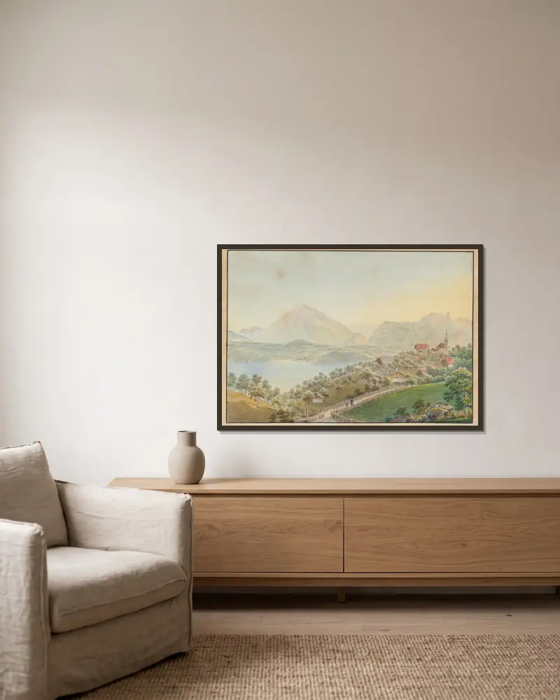 Ansicht von Sigriswil mit Niesen und Thunersee von Jakob Samuel Weibel gerahmt an einer Wand