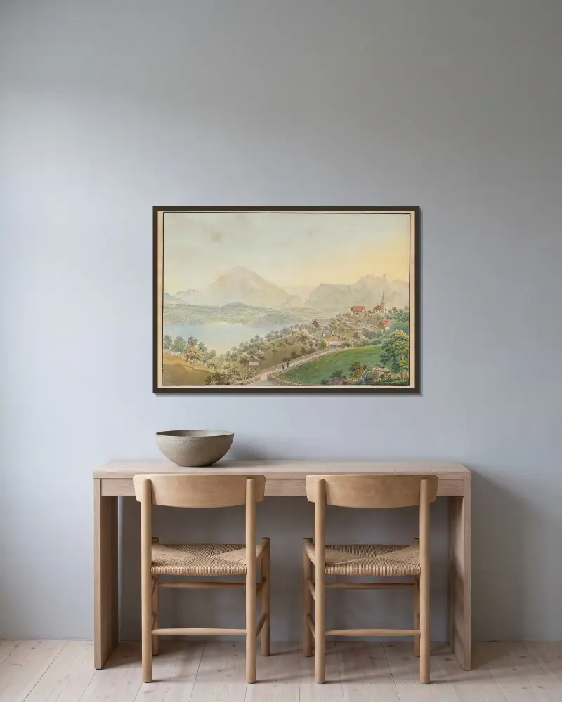 Ansicht von Sigriswil mit Niesen und Thunersee von Jakob Samuel Weibel gerahmt an einer Wand