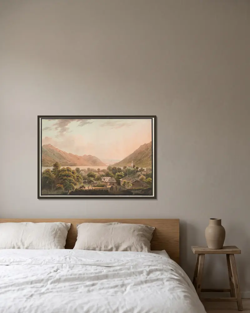 Brienz och Brienzsjön mot Interlaken av Jakob Samuel Weibel inramad på en vägg
