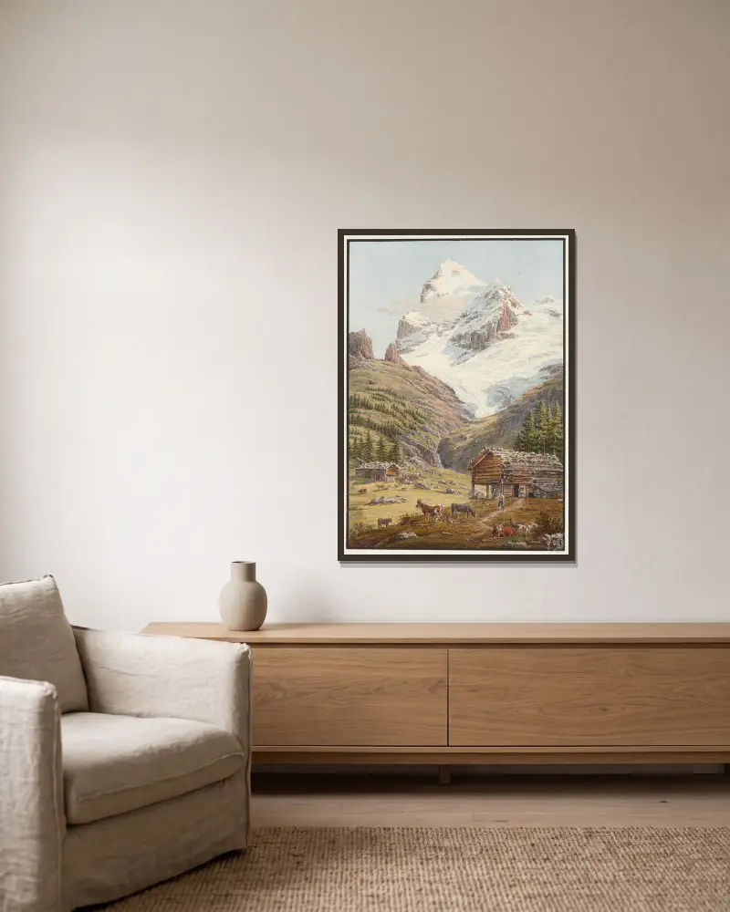 Le Wetterhorn av Jakob Samuel Weibel inramad på en vägg