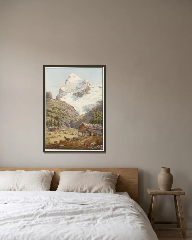 Le Wetterhorn av Jakob Samuel Weibel inramad på en vägg