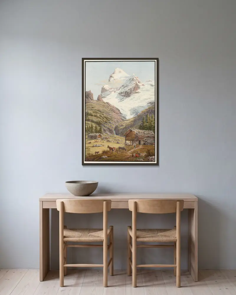 Le Wetterhorn av Jakob Samuel Weibel inramad på en vägg