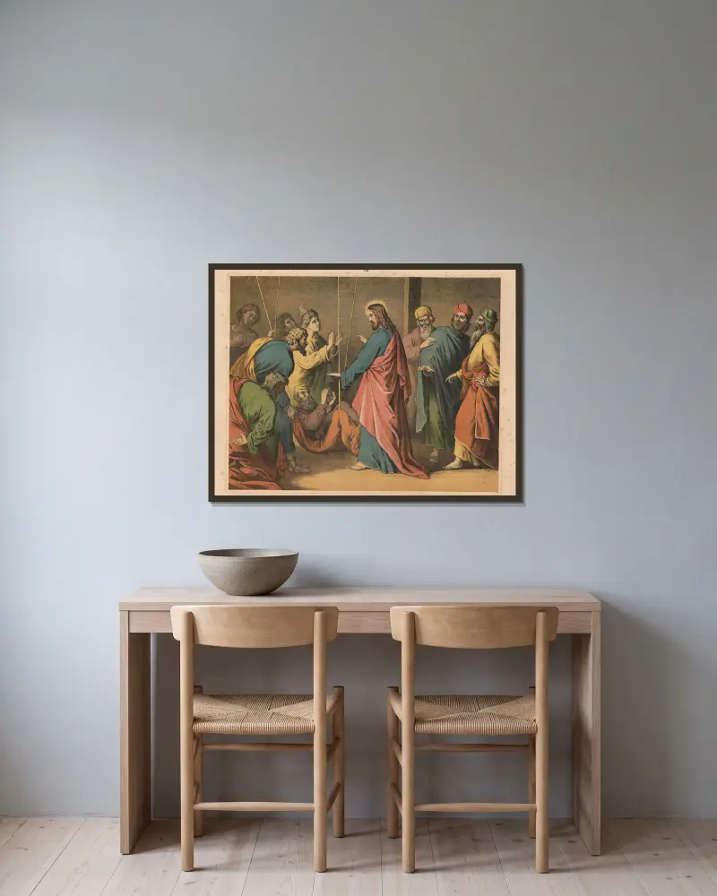 Jesus heilt den Lahmen von Sandberg gerahmt an einer Wand