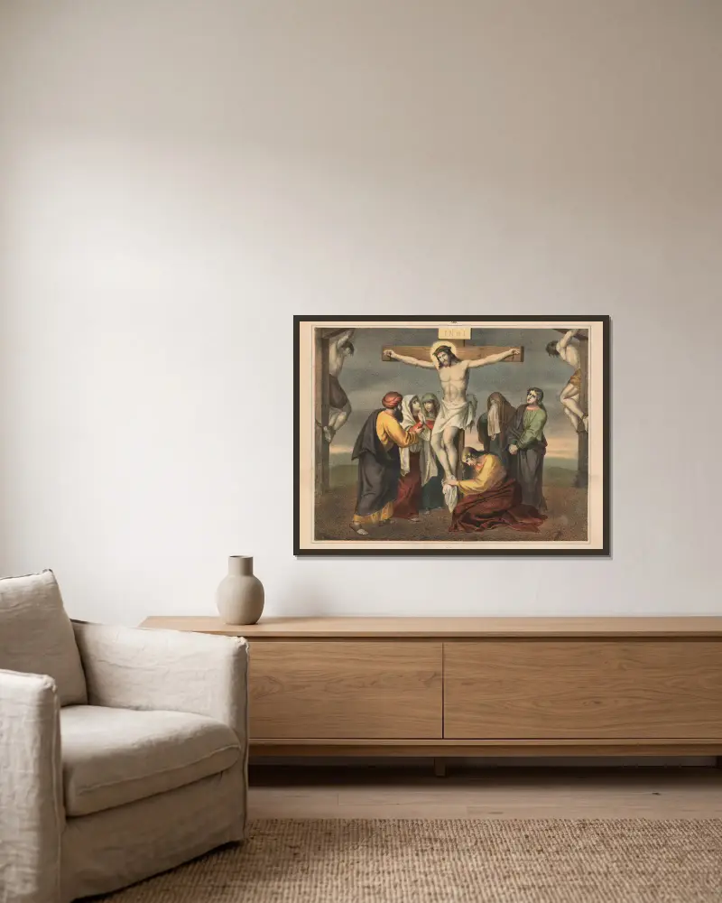 Die Kreuzigung von Sandberg gerahmt an einer Wand