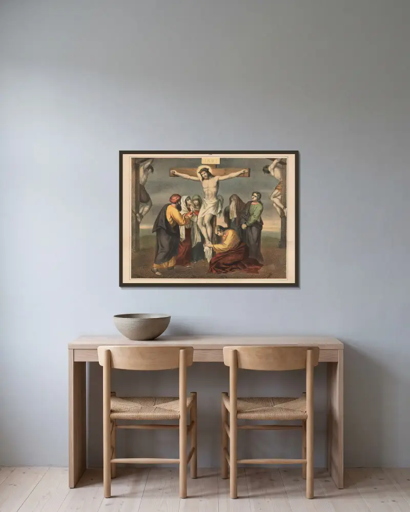 Die Kreuzigung von Sandberg gerahmt an einer Wand
